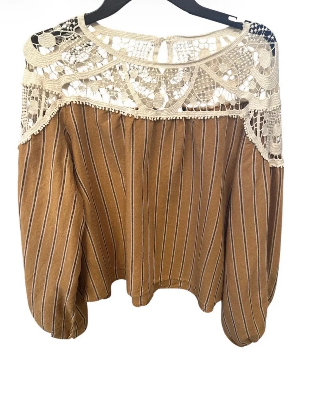 Zara Tan Pinstripe Blouse with White Crochet Yoke